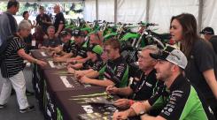 Jonathan Rea signing autographs with Tom Sykes, Eddie Lawson, Scott Russell, Eli Tomac, Austin Forkner and Jett Reynolds